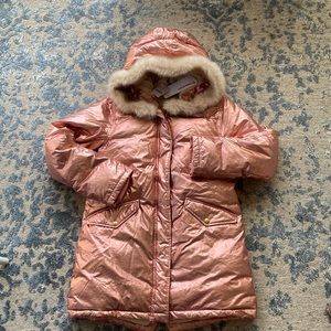 NWT Crewcuts winter coat metallic pink fleece lined removable fur trim, sz 14